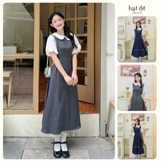 Đầm dáng dài chiết ly eo phối tay bồng cổ ren cúc bọc -  Đầm Quỳnh