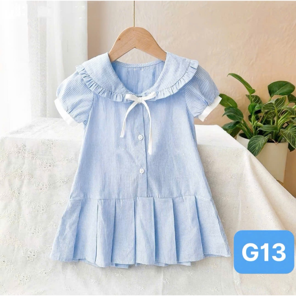 [8-35kg]- Váy kẻ nhỏ xanh cổ bèo nơ trắng chân đuôi cá ly xinh cho bé gái [QiQi Kids G13]
