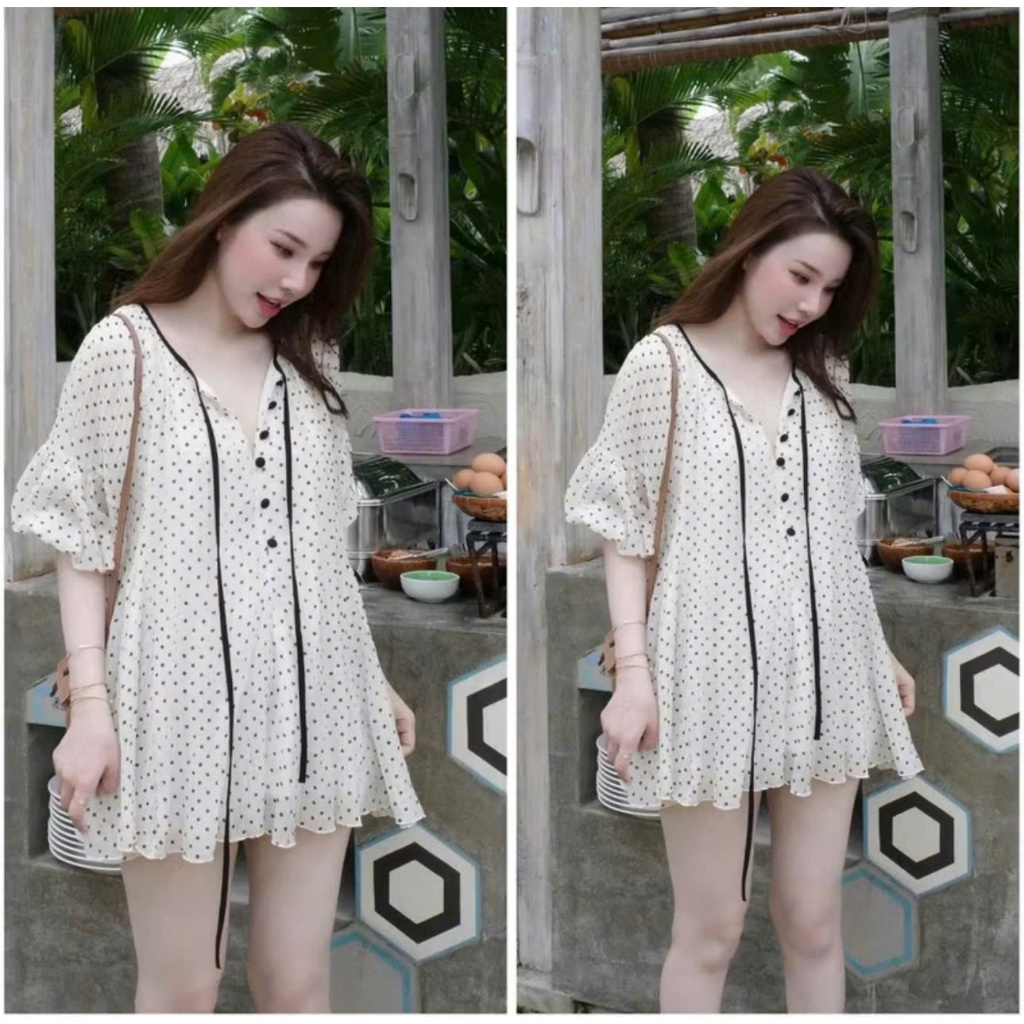  Váy babydoll nữ chấm bi tay bồng nơ cúc bọc dáng suông ngắn đi biển váy bầu váy maxi 