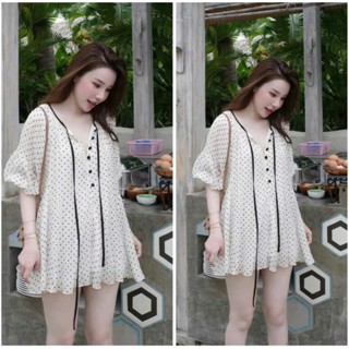  Váy babydoll nữ chấm bi tay bồng nơ cúc bọc dáng suông ngắn đi biển váy bầu váy maxi 