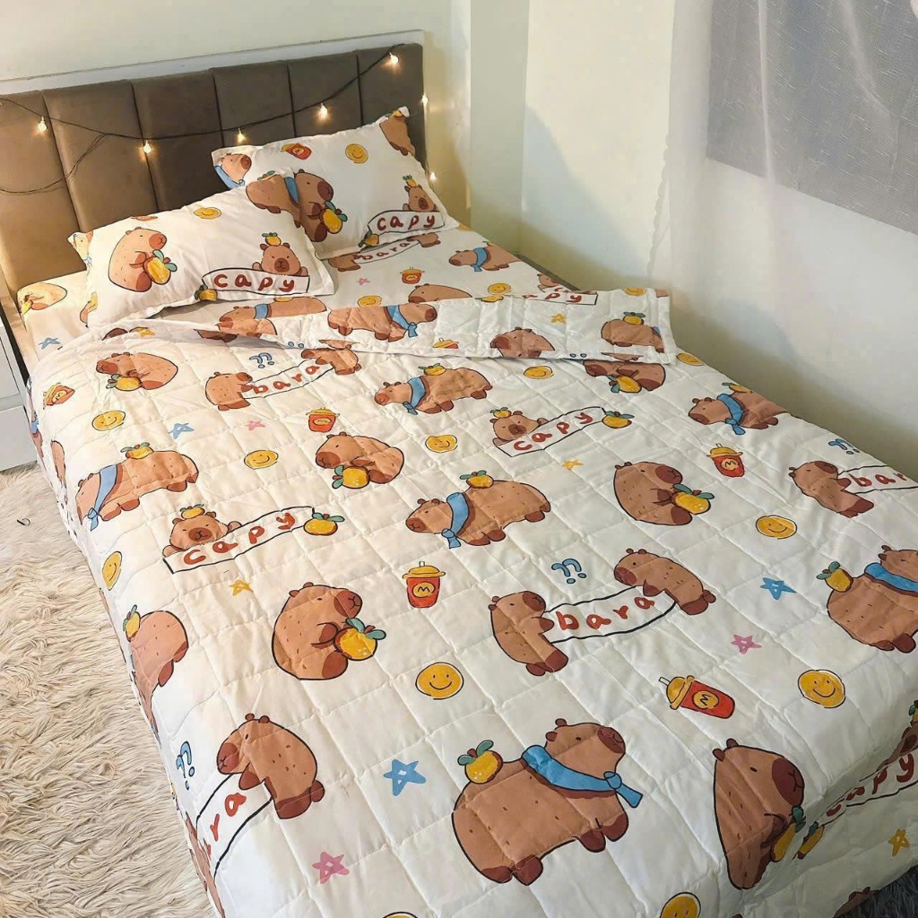 Bộ Chăn Hè Ga Gối 4 Món Cotton Poly,Bọc Đệm 2–10cm,Mẫu capybara cute