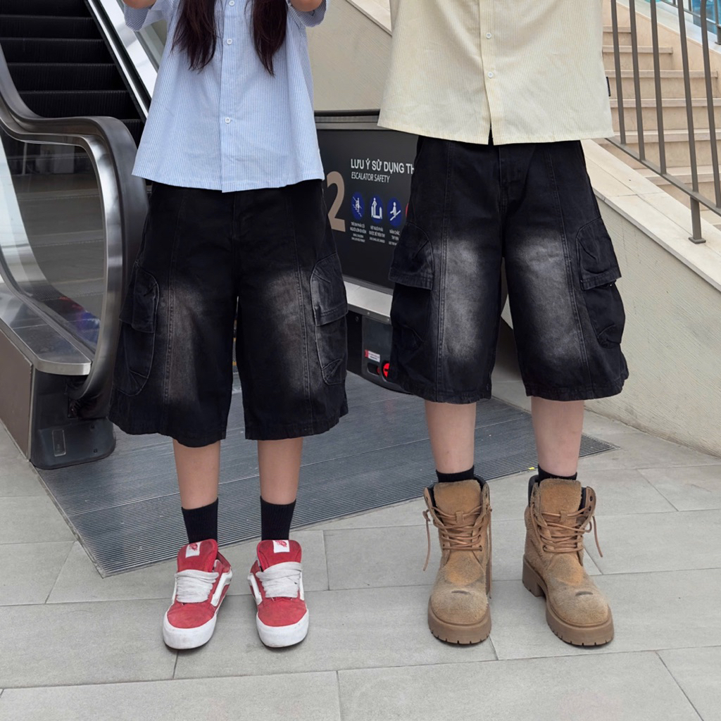 Quần Shorts Jean túi hộp JUHO WASH màu XANH form Unisex 🖤 Quần ngố denim ống rộng 🖤 Jaystoree2