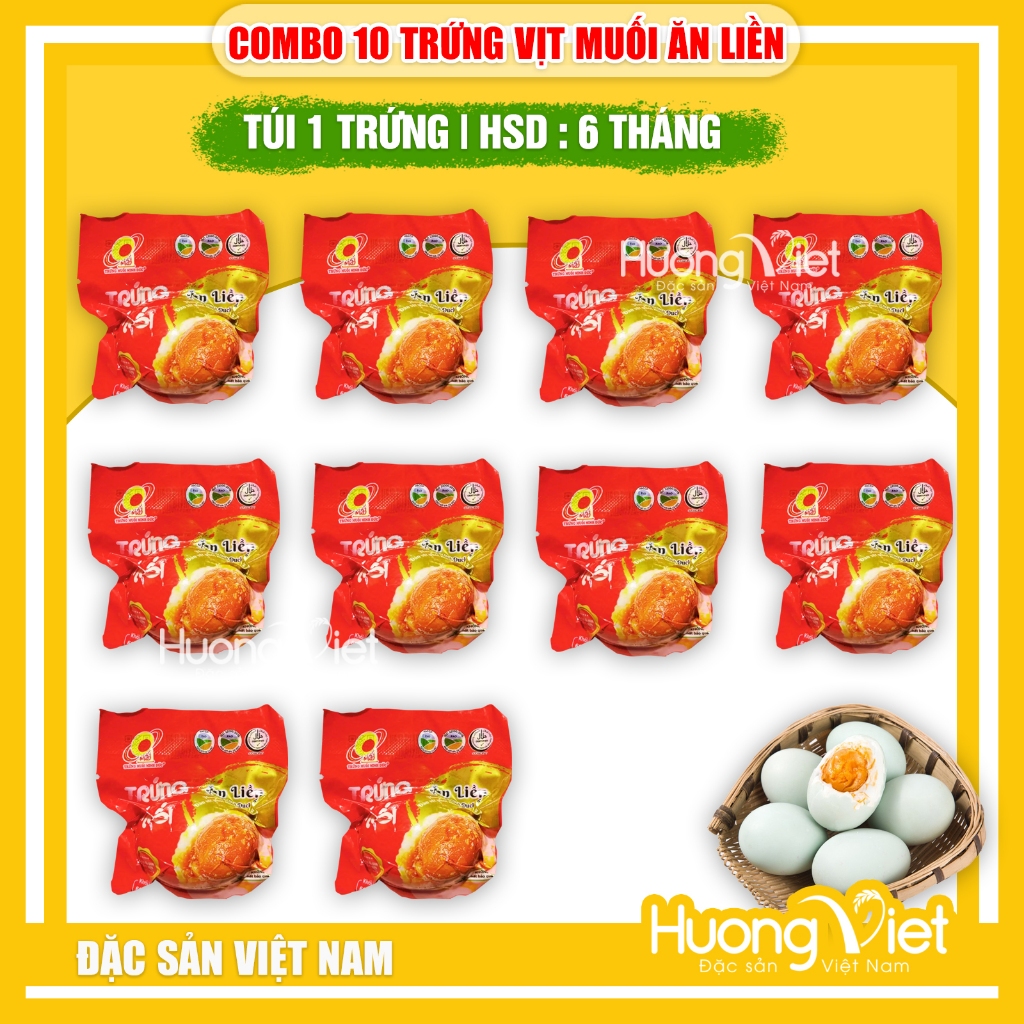 COMBO 10 Trứng vịt muối ăn liền Minh Đức, trứng vịt Việt Nam hút chân không 60g trứng, ăn ngay không cần chế biến