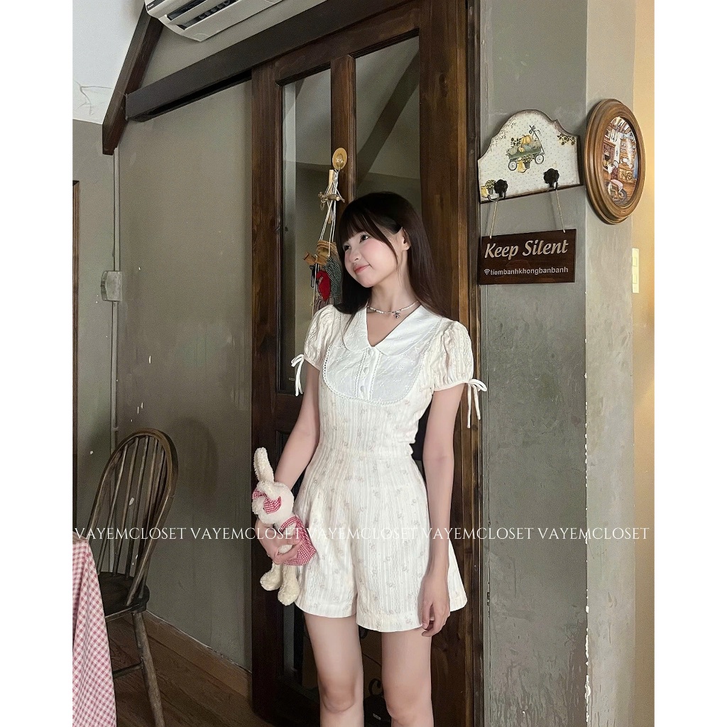  Jumpsuit hoa nhí cổ sơ mi tay bồng mùa hè đi chơi đi du lịch Vayemcloset 