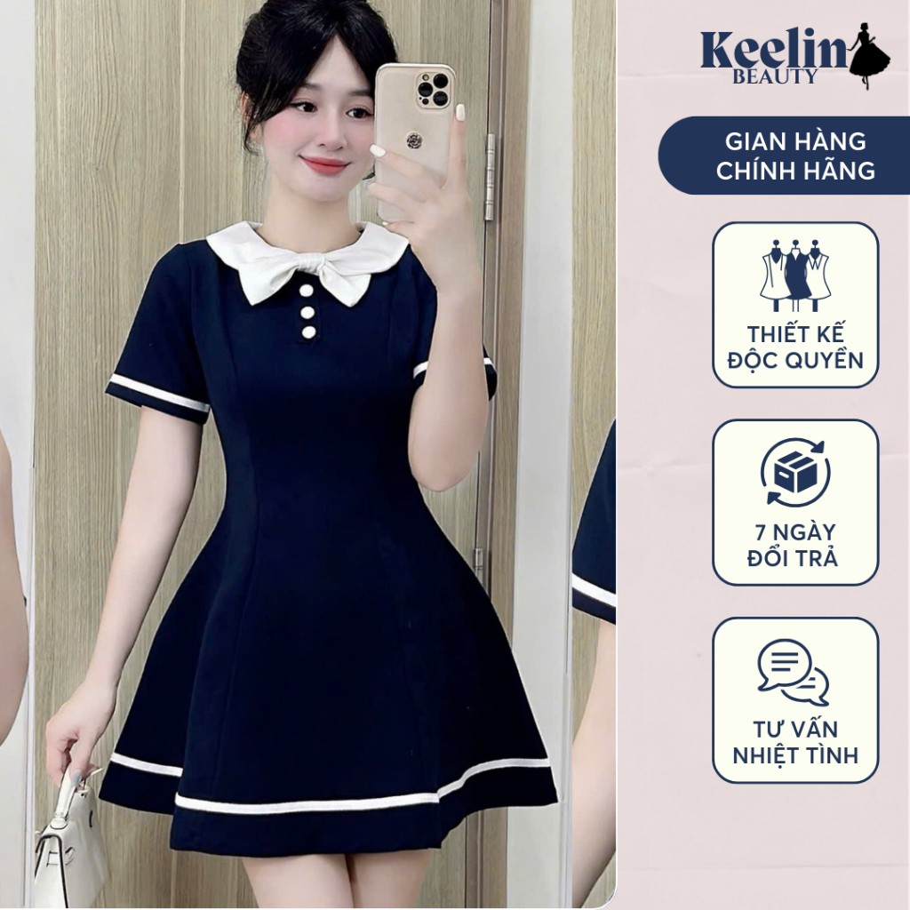 Đầm thiết ké cổ bèo xinh váy dáng xoè tiểu thư viền trắng thanh lịch cho nữ KEELIN BEAUTY