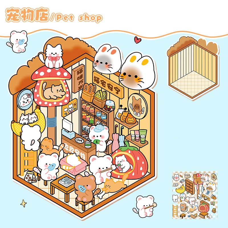 Set sticker dán 3D Phong cảnh nhà cửa tiệm shop A45-A8 mô hình miniscape size nhỏ