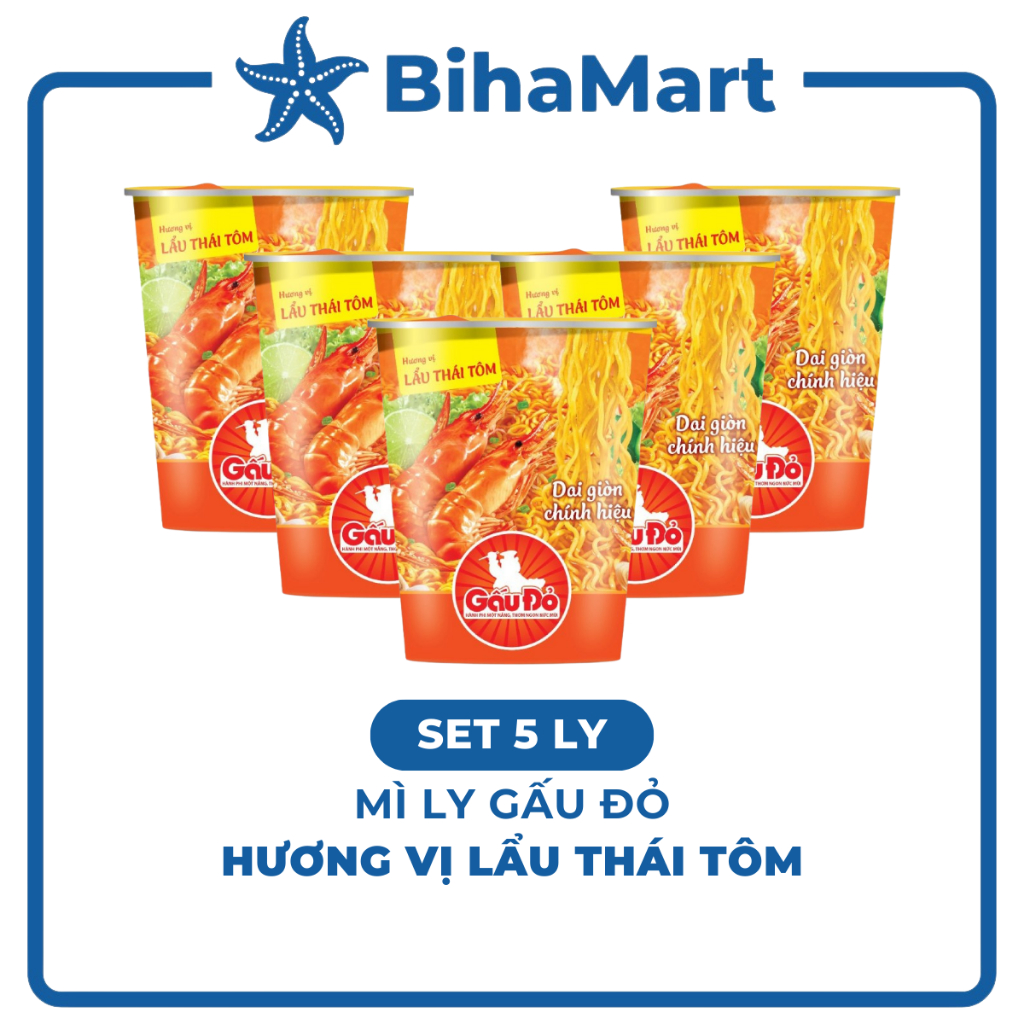 [SET5LY] - ASIAFOODS - Mì ly Gấu Đỏ Lẩu thái tôm, Mì ly Gấu Đỏ hương vị lẩu thái tôm, Mì ly lẩu thái