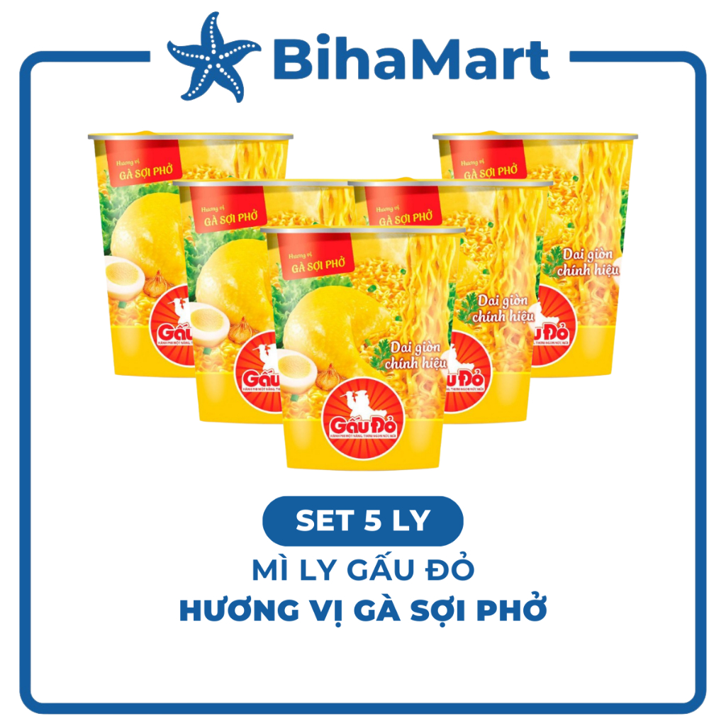 [SET 5 LY] - ASIAFOODS - Mì ly Gấu Đỏ Gà sợi phở, Mì ly Gấu Đỏ hương vị gà sợi phở, Mì ly gà sợi phở