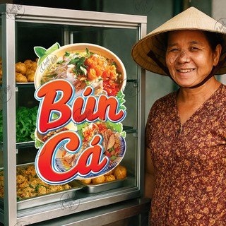 Miếng dán BÚN CÁ sticker trang trí xe đẩy dán tường decal trang trí quán ăn hủ tiếu bánh mì cơm tấm bánh canh hủ tiếu