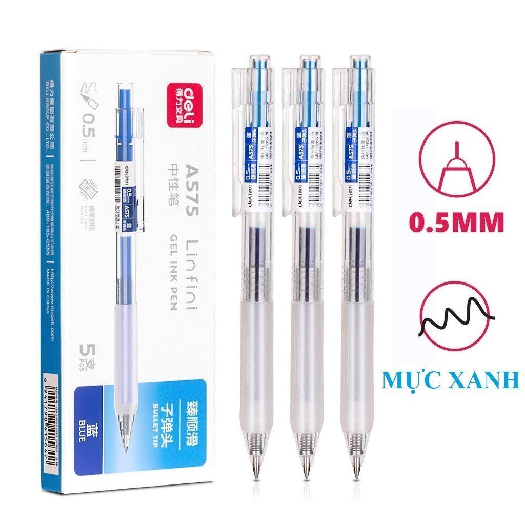 Combo 3 chiếc Bút Gel Deli A575 /G575 Ngòi 0.5mm - Mực Xanh, Đen (Viết Lên Tới 800m) Viết trơn, êm, 