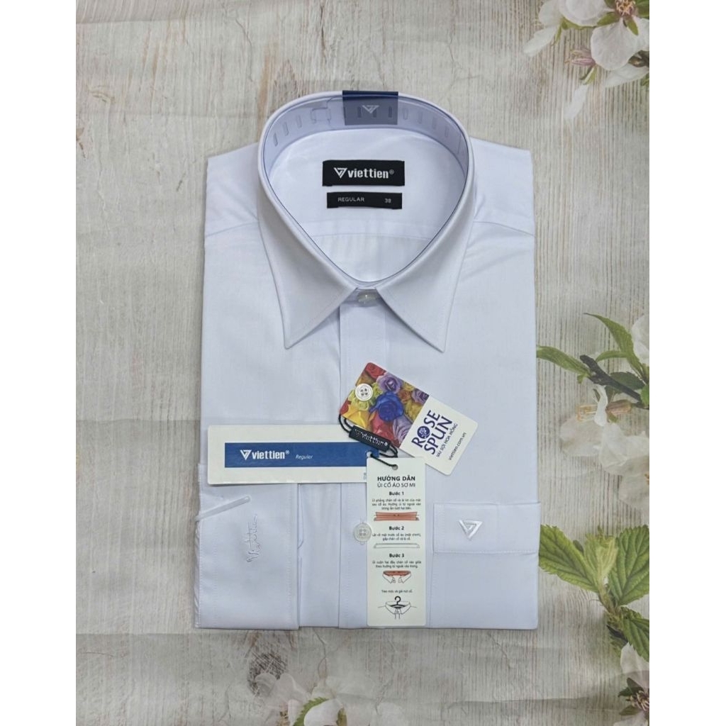VIETTIEN-(Regular)📣Áo trắng vải sợi hoa hồng🌹]-Áo sơ mi trắng nam VIỆT TIẾN dài tay