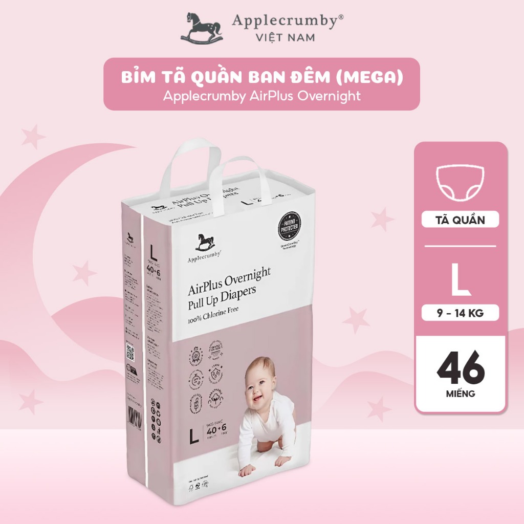 [CHÍNH HÃNG] Bỉm tã quần đêm Applecrumby Airplus Overnight Mega Pull Ups  size M - XXL an toàn cho bé