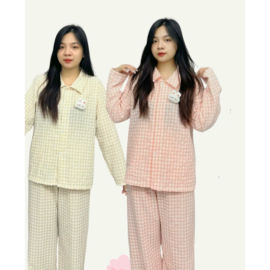 Set Bộ Ngủ Pijama Nữ , Bộ Ngủ Nữ Vải Kẻ Carro Tay Dài