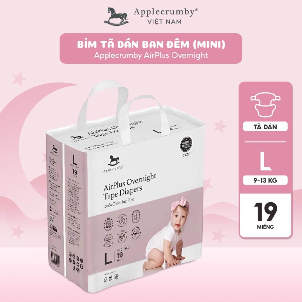 Bỉm tã dán đêm Applecrumby Airplus Overnight Tape size S - NB thoáng khí, êm ái