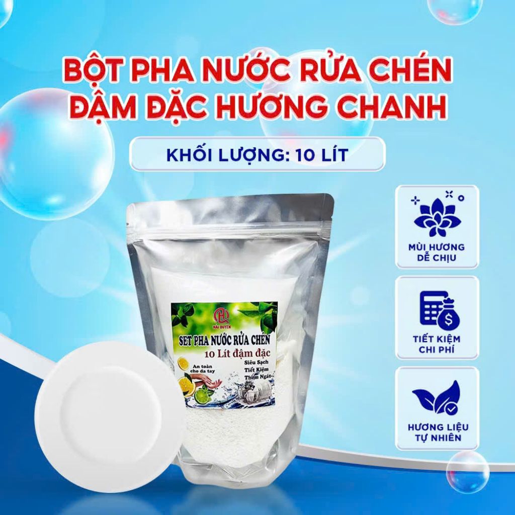 Bột pha 10 lít nước rửa chén đậm đặc hương chanh,làm sạch các vết dầu, mỡ, trên xoang nồi chén, chén