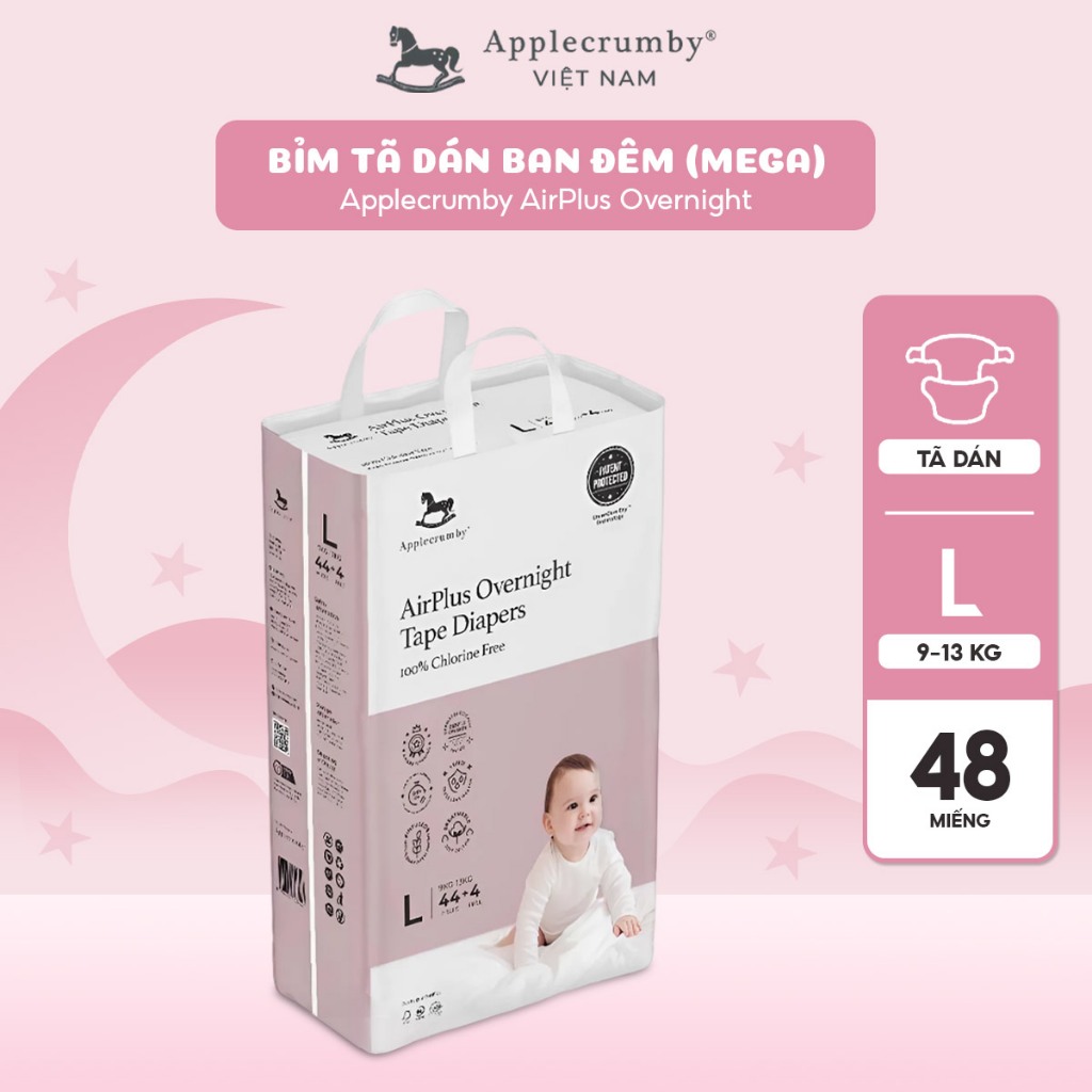 Bỉm tã dán đêm Applecrumby Airplus Overnight  Tape size S - XL thoải mái cho bé