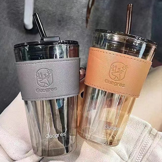   Miễn Phí khắc Tên  Cốc thủy tinh takeaway Gucgres 450ml có nắp bao da và ống hút theo màu 