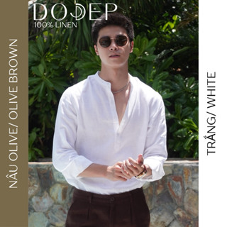 Áo linen nam cổ trụ chui tay dài – màu nâu olive/trắng | Vải 100% linen cao cấp, thoáng mát – DODEP