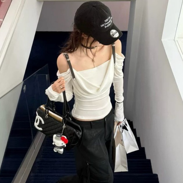 Áo thun trễ vai màu trắng hai dây phối cá tính y2k dài tay ôm sát body hothit đường phố pukpik girl 