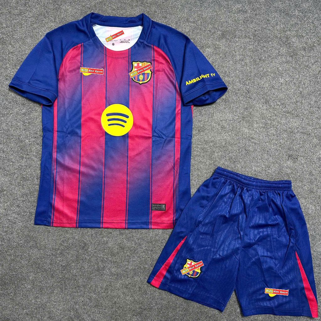 Bộ Quần Áo Đá Banh Trẻ Em Barca, Áo Bóng Đá CLB Barcelona 2025/26 - Vải Polyester Gai Thái Cao Cấp