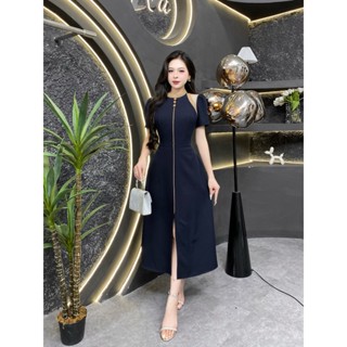 EV51 - Váy Thiết Kế Evii dành cho nữ, Đầm thiết kế cổ trụ vai khoét phối lưới dáng A dài xẻ trước.