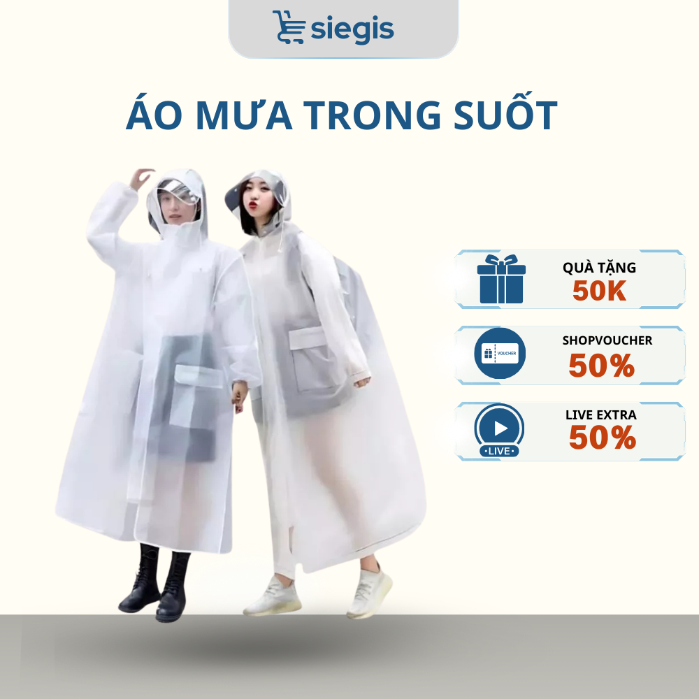 Áo Mưa Trong Suốt SIEGIS 1 Người Dáng Dài Che Kín Toàn Thân Có Khóa Kéo - Áo Mưa Đi Xe Máy Trong Suốt Kèm Kính Chắn Mưa