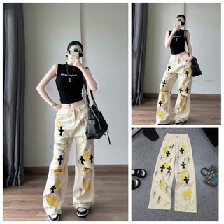   Follow shop nhận mã 10k  Quần dài jeans denim bò suông chữ thập rách vảy sơn UMEE STORE QCCC QCL1 QD0847 22955 