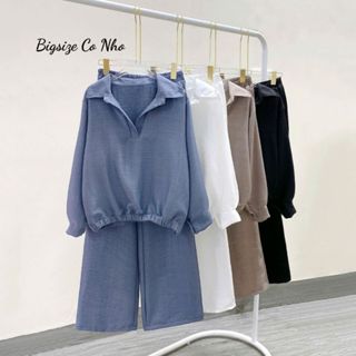 Set Bigsize Nữ Áo Kiểu Sơ Mi Dài Tay Bo Gấu Kèm Quần Dài Xuông Vải Đũi Vân Mây Mềm Mát - SET859