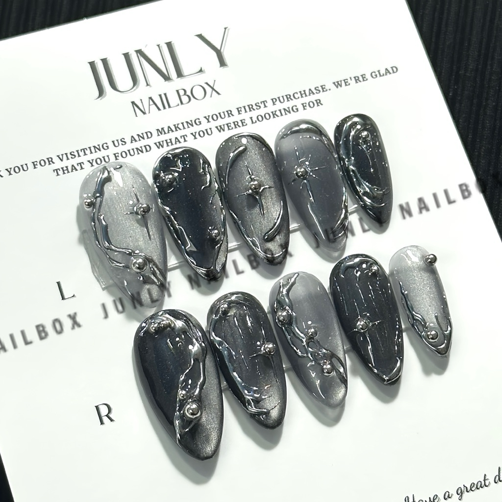 Nailbox thạch đen đính bi JUNLY - nail box thiết kế móng giả mắt mèo siêu sáng cá tính chụp hình đi chơi 559
