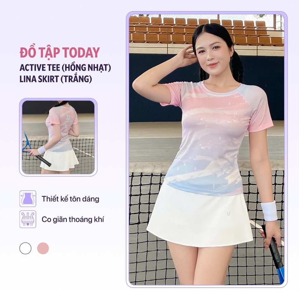 Set bộ đồ tập thể thao pickleball nữ áo Active Tee hồng nhạt mix chân váy Lina skirt trắng Today U Wear