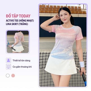Set bộ đồ tập thể thao pickleball nữ áo Active Tee hồng nhạt mix chân váy Lina skirt trắng Today U Wear