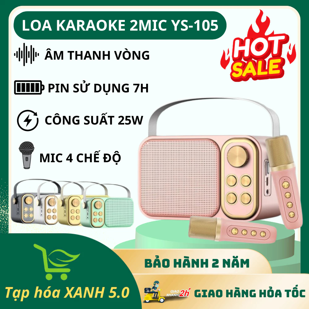 Loa Bluetooth Mini Karaoke Kèm 2 Mic YS-105 Không Dây, Đổi Giọng, Công Suất Lớn, Nhỏ Gọn, BH 2 Năm