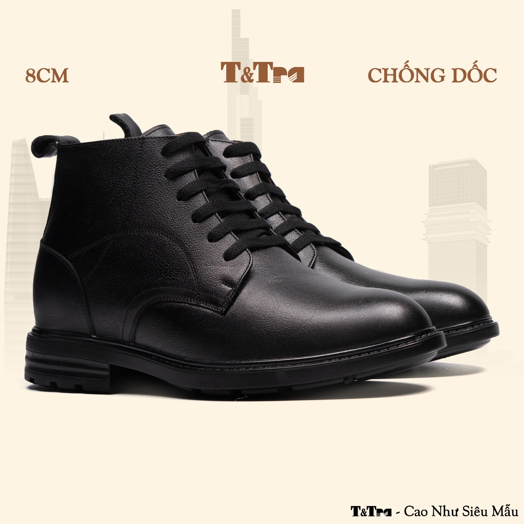 [8CM] Giày Nam Đế Cao T&Tra T100 Đen - Ít Dốc Mang Thoải Mái Hơn