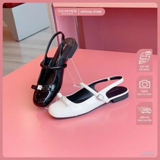 Giày bệt búp bê nữ HÀ HUYỀN da bóng mũi vuông nơ nhí đính đá quai hậu đế 1cm - BB750