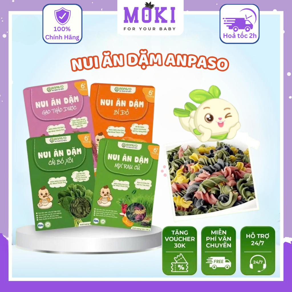 Nui Ăn Dặm Rau Củ Hữu Cơ Anpaso bổ sung CANXI, GIÀU CHẤT XƠ cho bé từ 6 tháng tuổi 150g Moki Store