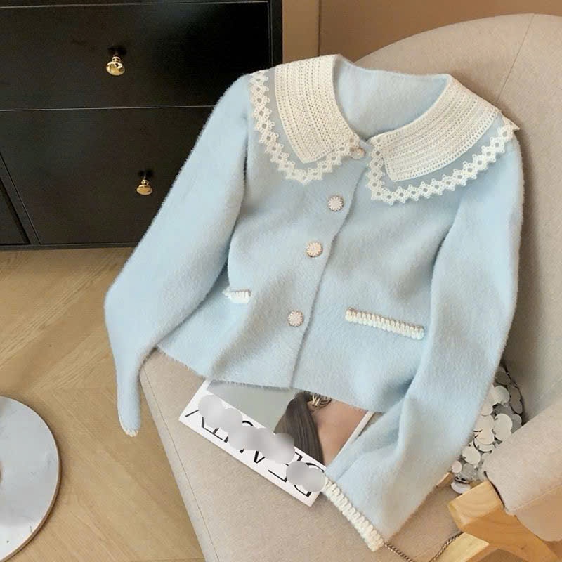 [SẴN] Áo khoác len lông nữ có cổ, cardigan dáng rộng cổ ren màu hồng, xanh dương nhạt tiểu thư - 198 | BigBuy360 - bigbuy360.vn