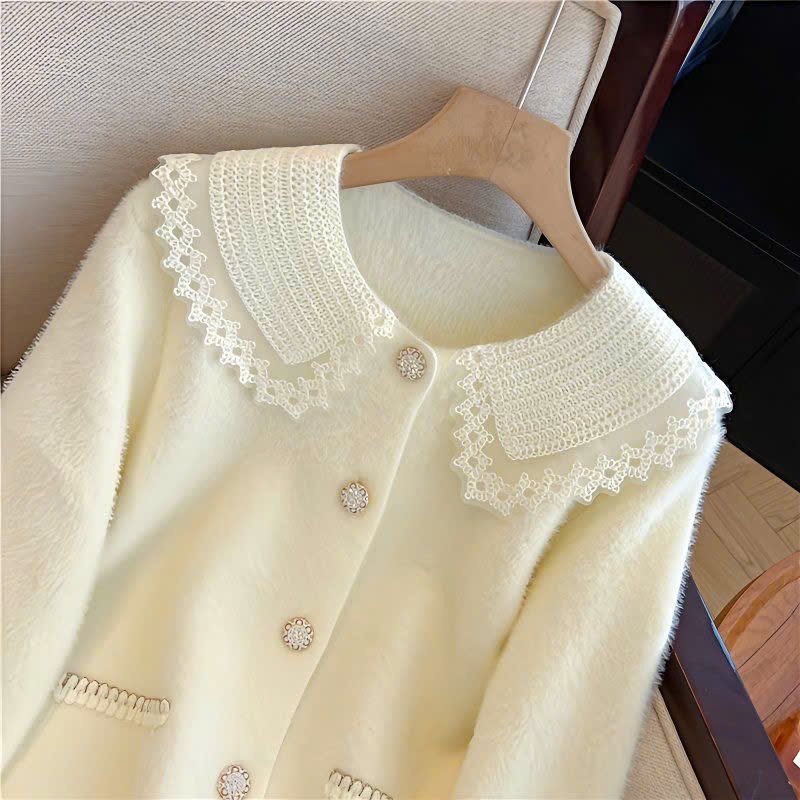 [SẴN] Áo khoác len lông nữ có cổ, cardigan dáng rộng cổ ren màu hồng, xanh dương nhạt tiểu thư - 198 | BigBuy360 - bigbuy360.vn