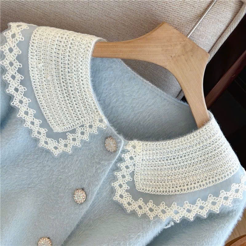 [SẴN] Áo khoác len lông nữ có cổ, cardigan dáng rộng cổ ren màu hồng, xanh dương nhạt tiểu thư - 198 | BigBuy360 - bigbuy360.vn