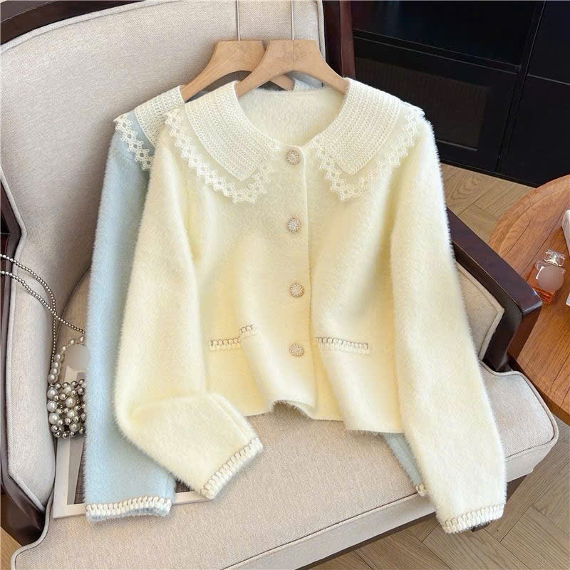 [SẴN] Áo khoác len lông nữ có cổ, cardigan dáng rộng cổ ren màu hồng, xanh dương nhạt tiểu thư - 198 | BigBuy360 - bigbuy360.vn
