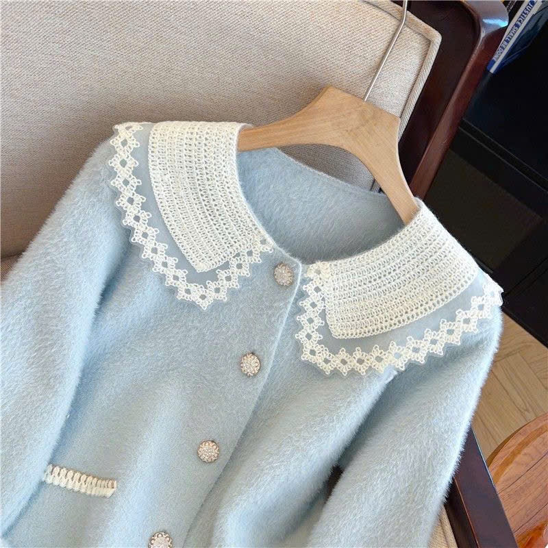 [SẴN] Áo khoác len lông nữ có cổ, cardigan dáng rộng cổ ren màu hồng, xanh dương nhạt tiểu thư - 198 | BigBuy360 - bigbuy360.vn