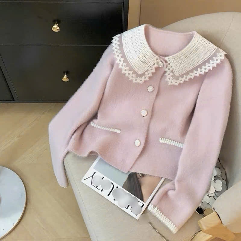 [SẴN] Áo khoác len lông nữ có cổ, cardigan dáng rộng cổ ren màu hồng, xanh dương nhạt tiểu thư - 198 | BigBuy360 - bigbuy360.vn