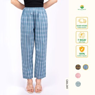  Quần dài nữ ống rộng chất Cotton dáng suông họa tiết caro thời trang Việt Thắng - Q06.5424 
