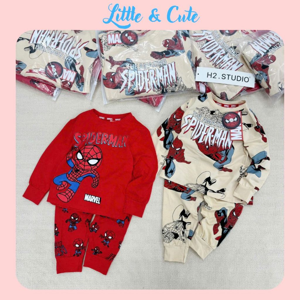 Little And Cute Set 2 Bộ Đồ Ngủ Trẻ Em Marvel Spider-Man Dài Tay – Bộ Đồ Ngủ Cotton Thu Đông Cho Bé