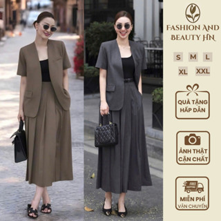 [TẶNG KÈM ĐAI] VT250341 - Set Vest Công Sở Áo Blazer Tay Ngắn + Chân Váy Dài Xếp Ly Sang Chảnh