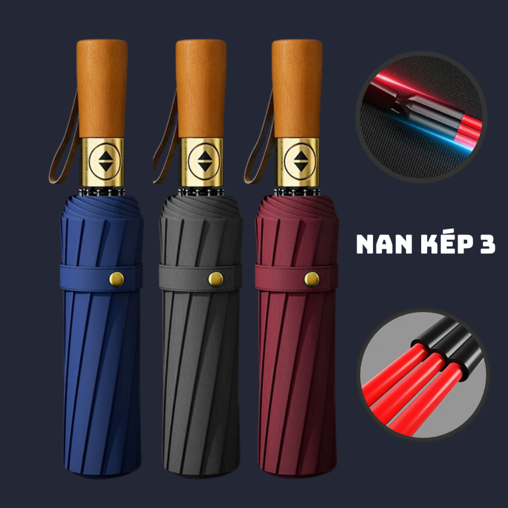 Ô Dù Che Mưa Che Nắng Tự Động Thép Cao Cấp, Chống Tia Cực Tím Tay Cầm Bằng Gỗ Cổ Điển Bền Bỉ