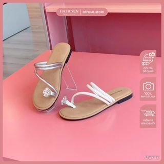 Dép bệt xỏ ngón nữ HÀ HUYỀN quai da lót nâu đính hoa đá đế bệt 1cm - DE797