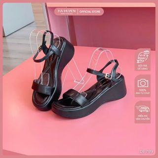 Dép sandal bánh mì nữ HÀ HUYỀN da lì quai ngang trơn quai hậu khóa cài đế 5cm - DE799