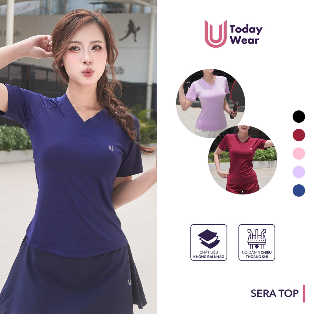 Áo thun cổ tim nữ Sera Top Today U Wear ngắn tay vải thoáng mát co dãn thấm hút mồ hôi chơi cầu lông pickleball