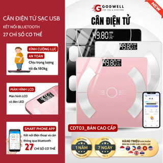 Cân Điện Tử Sức Khỏe Sạc USB GODWELL Kết Nối Bluetooth Đo Chỉ Số Cơ Thể Chịu Tải 180kg Màn Hình LED 