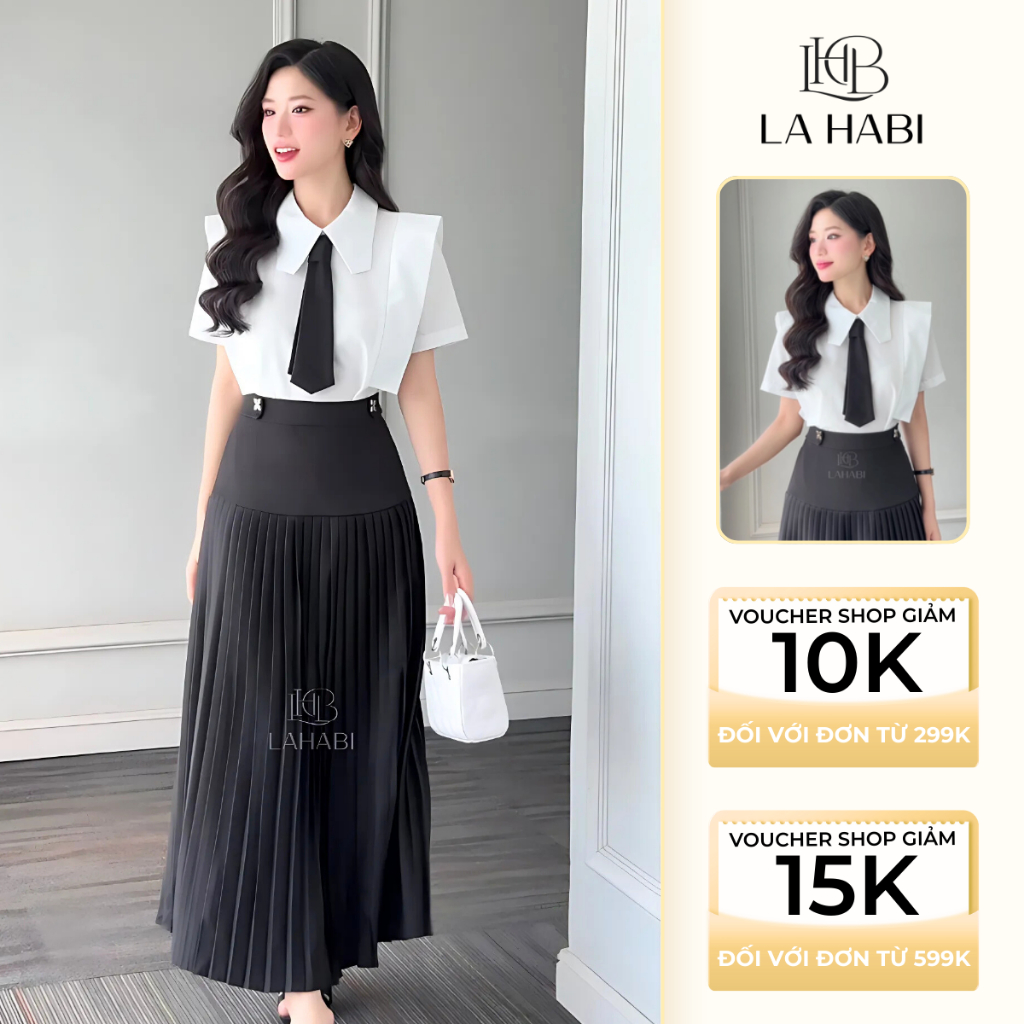 Set Áo Sơ Mi Trắng Tay Ngắn Cách Điệu + Chân Váy Xếp Li+ Cà Vạt - Đủ Size S/M/L/XL - V03